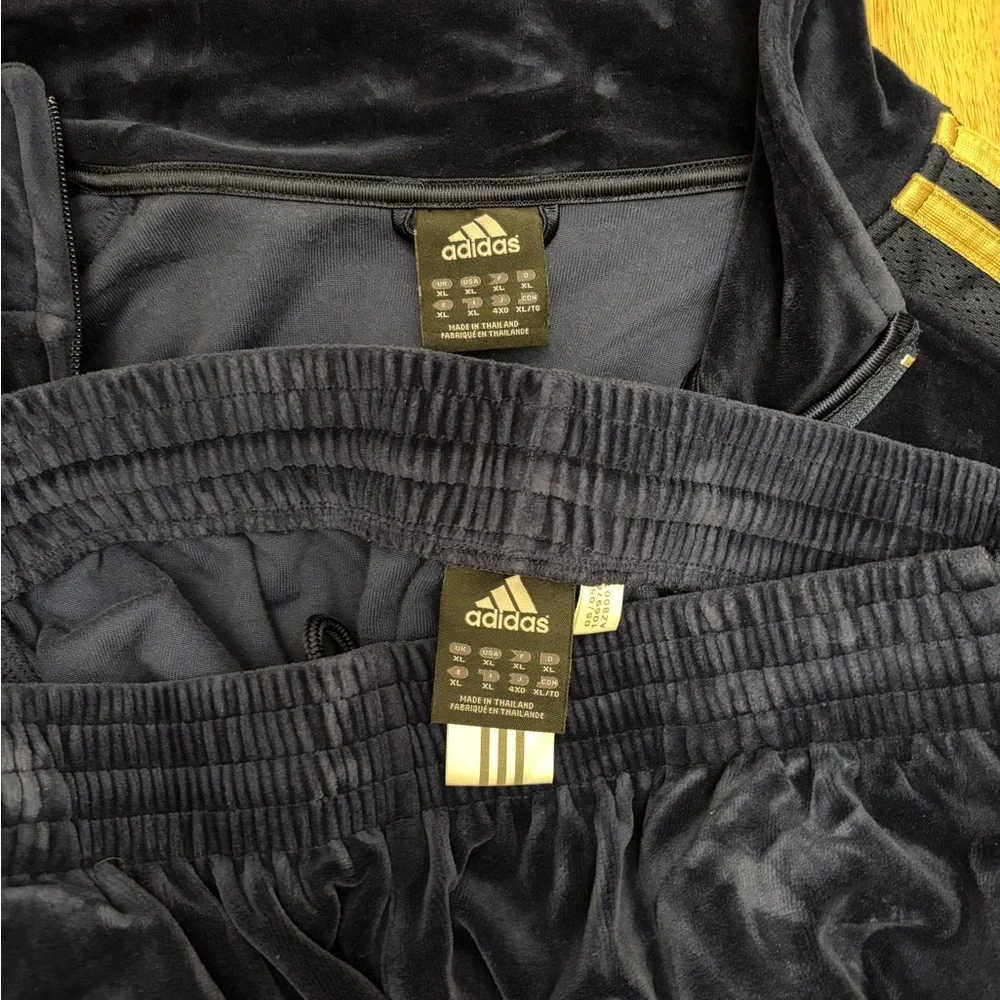 adidas Navy Velour Tracksuit with Cream Stripes